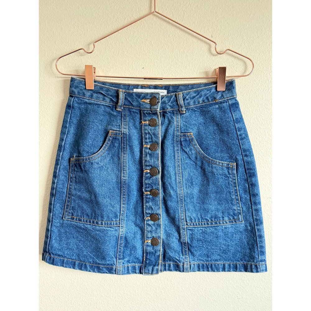 Stradivarius Denim Button Front A Line Mini‎ Skirt Blue Women's US 4